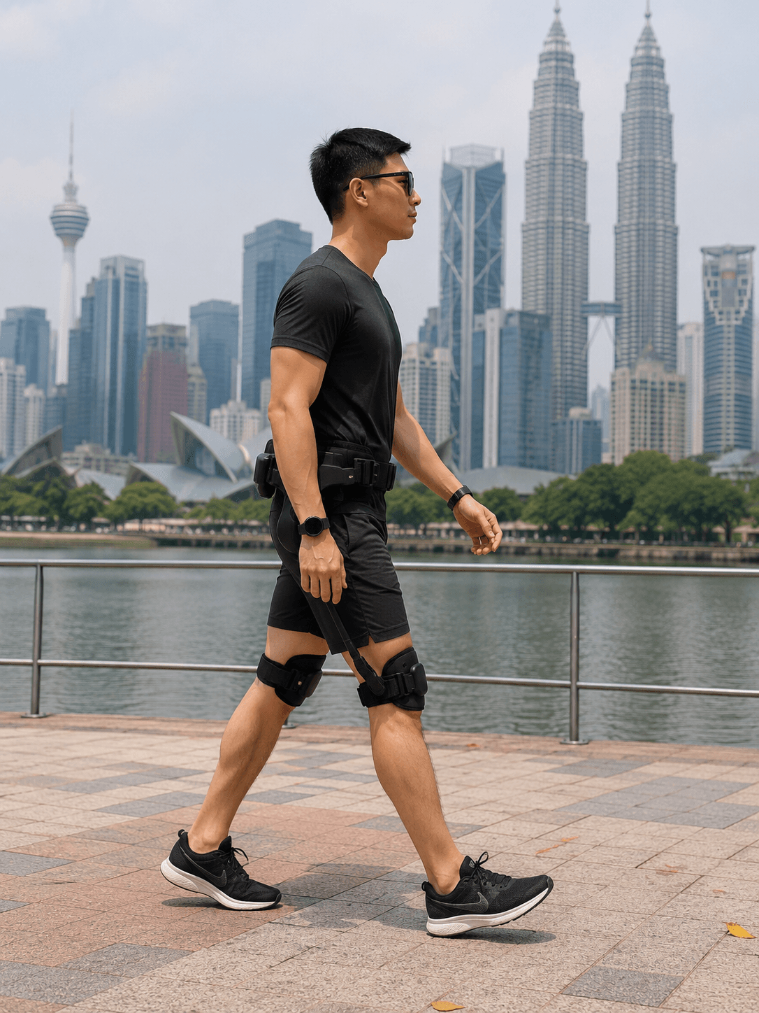 Active man using the walking exoskeleton for running and outdoor exercise with KL skyline