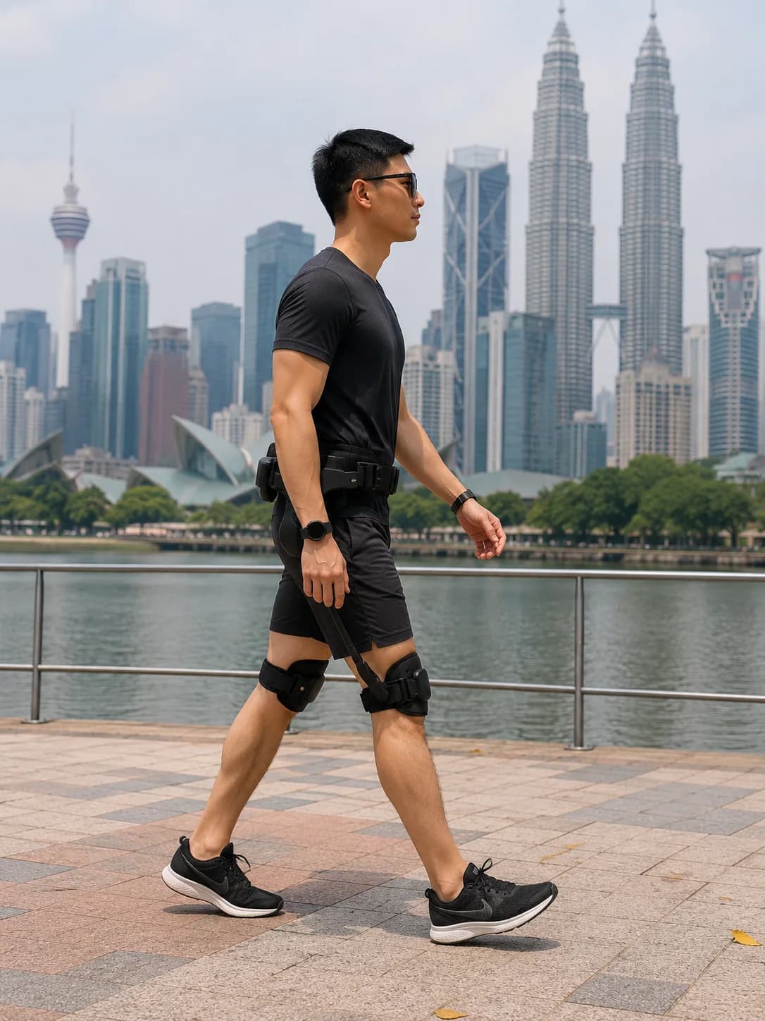 Active man using the walking exoskeleton for running and outdoor exercise with KL skyline