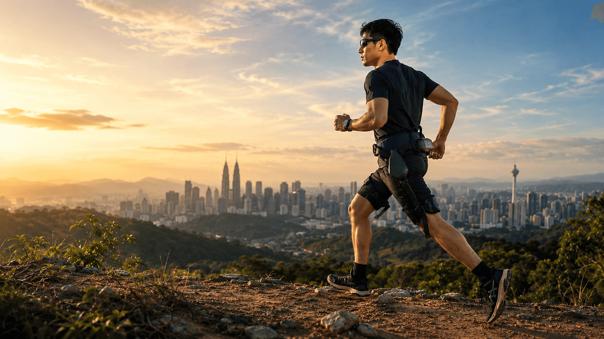 Athlete wearing the Soft Walking Exoskeleton, running on a ridge trail at sunset with the Kuala Lumpur skyline behind