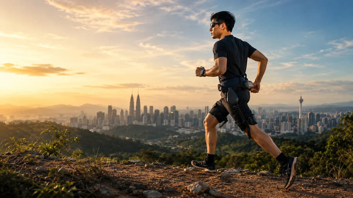 A person running outdoors wearing the Soft Walking Exoskeleton in Malaysia